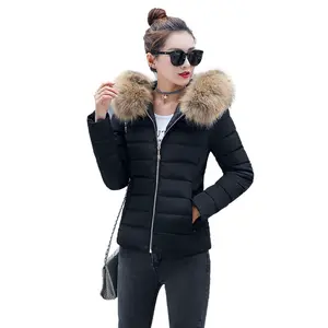 Manteau en coton pour femme, manteau d'automne avec col en fourrure, à capuche, hiver, vêtement d'extérieur court, veste basique