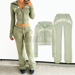 Custom Clothing Manufacturers Women Distressed Patch Tracksuit Two Piece Hoodie Set and Sweatpants Sweat Suits Set Women - Product Image 1