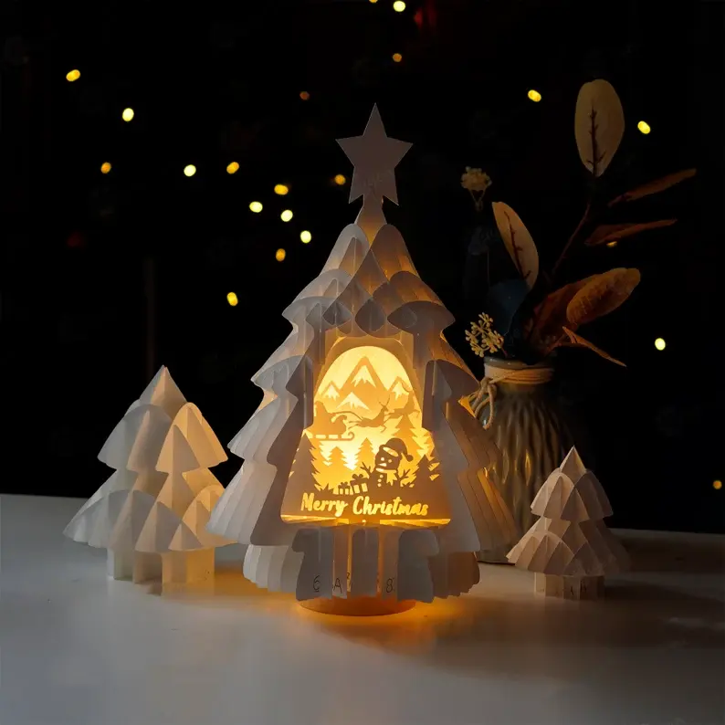 Chất Lượng Cao Độc Quyền Giấy Cắt Đêm LED Ánh Sáng Pop up Thẻ DIY Quà Tặng Giáng Sinh Cây Motif 3D Ánh Sáng Ban Đêm Hộp