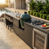 Nouveau produit : îlot de cuisine extérieur moderne en acier inoxydable avec barbecue Kamado, évier à charnière et robinet pour piscine, patio, villa, cour.