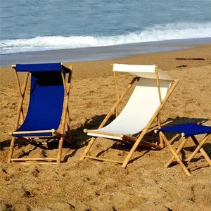 High Quality Custom Summer Outdoor Foldable Deck Chair With Removable Canopy Bamboo Frame 4 Positions Wooden Beach Lounge Chairs