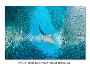 Grande peinture à l'huile sur toile représentant un océan bleu, peinture indigo, poissons en eaux profondes, décoration intérieure, salon - Product Image 2