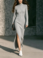 Robe longue en tricot décontractée pour femmes de haute qualité, automne-hiver, col montant à demi-zip, fente latérale, robe moulante maxi pour tous les jours