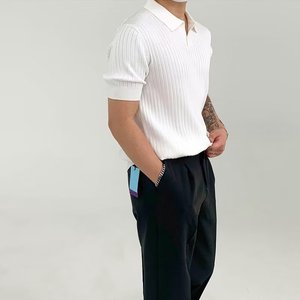 Moda Polo in maglia tinta unita a coste da uomo Slim Fit mezza manica top Tee estate temperamento Polo giovanile <span class=keywords><strong>abbigliamento</strong></span> - Product Image 3