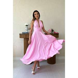 Vestido Rosa Halter con Corte en A, Tejido, Cintura Natural, Transpirable, para el Trabajo - Product Image 5