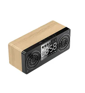 Wooden Portable BT 5.0 Speaker Alarm Clock LED Display Speakers Stereo Desktop Sub woofer Support TF AUX USB FM Radio