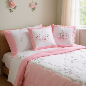 Parure de lit double Bombon 4 pièces 100% coton broderie florale style princesse pour la maison - Product Image 2