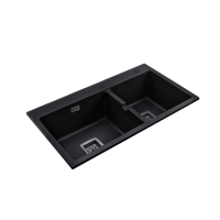 Évier de cuisine double à montage en surface, 33 x 18 x 9 pouces, en granit composite noir, deux trous, 10 mm d'épaisseur, vente chaude, OEM