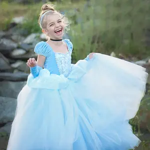 Gaun putri anak perempuan, pakaian natal lengan Puff biru mewah, kostum Halloween renda, gaun pesta anak balita perempuan