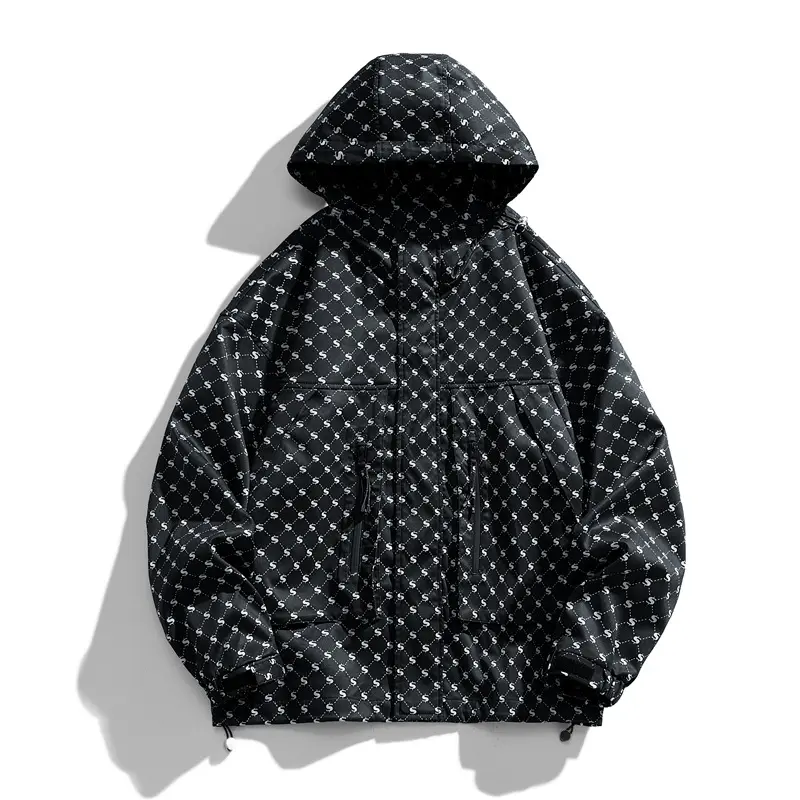2024 primavera y otoño moda impresa con capucha herramientas viento casual suelta chaqueta de hombre abrigo