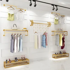 Gold metall wand montiert hängen schiene display rack, einzelhandel kleidung shop armaturen, innen architektur