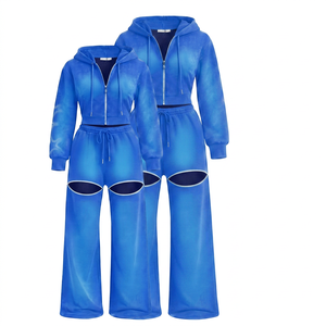 Winter Sky Blue Double Layer Extra Heavyweight Breathable Boxy Fit Full Zip <b>Oversized</b> Matching Outfit Two Piece Soft <b>Sweatpants</b> - Product Image 1