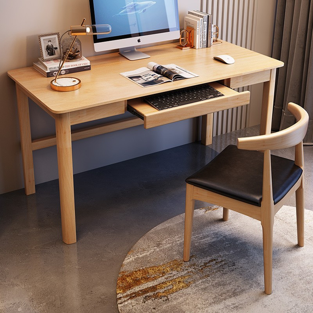 Solid Wood Computer Desk Student Desk, School Table, Office Desk with Keyboard Tray, Learning Writing Desk and Chair
