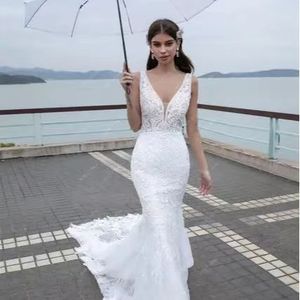 <b>White</b> Mermaid <b>Lace</b> Wedding Dress V Neck Backless Long Train Sleeveless Formal Gown For Women - Product Image 2