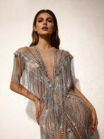 Robe longue de soirée scintillante à strass et pompons pour anniversaire, banquet, soirée, robe de bal formelle pour femme, robe fourreau, tenue de club