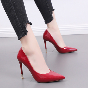 Korean Summer Collection Versatile <b>Red</b> Patent Leather High <b>Heels</b> Sexy Single Shoes for Women's Wedding & Nightclub Use - Product Image 2