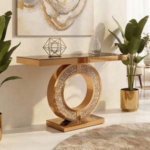 Mesa Consola con Espejo y Incrustaciones de Diamantes, Superficie de Madera de Roble, Altura Ajustable, Moderna, para Sala de Estar, Entrada Estrecha, Sofá - Product Image 1