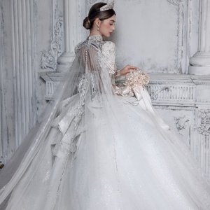 Abito <span class=keywords><strong>da</strong></span> Sposa Elegante di Alta Qualità, Moderno, a Maniche Lunghe, con Perline, Linea ad A, Scollo a V, Strascico, Lavorazione Artigianale Elaborata, Taglia <span class=keywords><strong>XL</strong></span> - Product Image 4