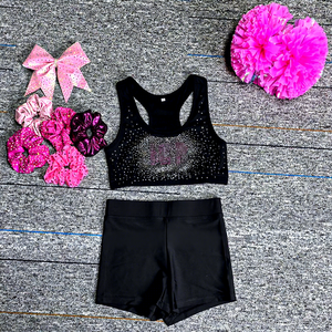 Ensemble uniforme de cheerleading sportif personnalisé avec soutien-gorge court et short ornés de strass pour athlètes - Product Image 1