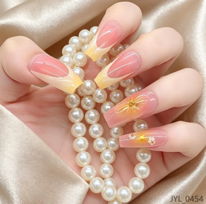 24 faux ongles à presser en forme d'amande française, rose-jaune dégradé, avec motifs floraux en relief 3D, design ombré, style doux et féminin - Product Image 1