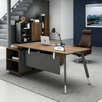 Bureau de direction moderne de luxe, bureau d'ordinateur en bois en forme de L avec rangement latéral