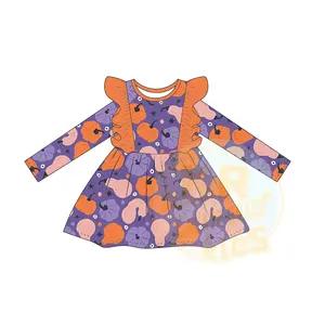 Popolare Ins moda bambini autunno primavera vestiti manica lunga volant pizzo stampa cartone animato fantasma zucca ragazze carine abiti di Halloween