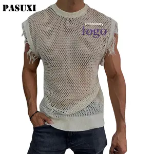 PASUXI来样定做男士夏季针织背心颈部空白镂空宽松背心无袖男式t恤