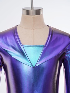 Justaucorps scintillant pour filles, manches longues, col marin métallisé, dos découpé, extensible et brillant, pour gymnastique, danse, spectacle, sur mesure - Product Image 3