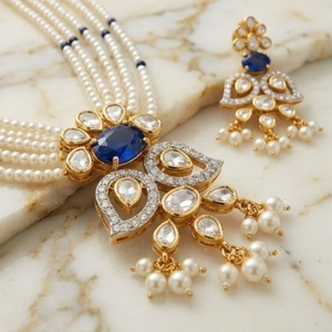 Designer 925 <b>Silver</b> Pearl Kundan Necklace Set With Blue Stone Bridal Jewelry Traditional Wedding <b>Choker</b> Set For Women - Product Image 3