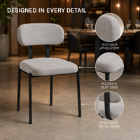 Chaise de salle à manger en lin avec dossier ouvert, coussin rembourré, tissu gris clair, pieds en métal noir