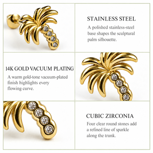 Boucles d'oreilles en forme de palmier pour femmes, boucles d'oreilles en acier inoxydable avec zircone cubique et finition plaquée or 14 carats, or et argent - Product Image 4