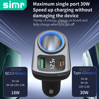 Adaptador de Expansión para Encendedor de Coche Simr, Cargador Rápido para Coche PD30W QC3.0, Divisor de Encendedor de Cigarrillos, Medidor de Voltaje, Cargador USB para Coche