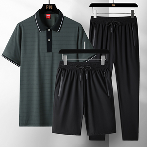 Camiseta de seda helada de verano con logo personalizado para hombre, traje de running de manga corta para papá, conjunto de ocio de secado rápido para mediana edad, de dos o tres piezas. - Product Image 5