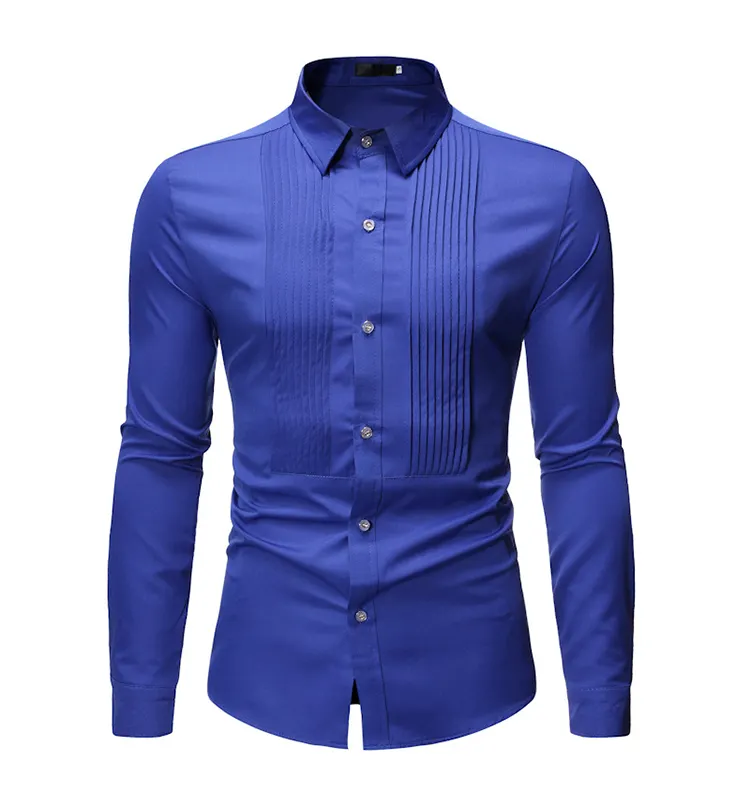 OEM/ODM Men's Long Sleeve Button up Shirt 4 Way Stretch Cotton and Spandex Shits with Pleats