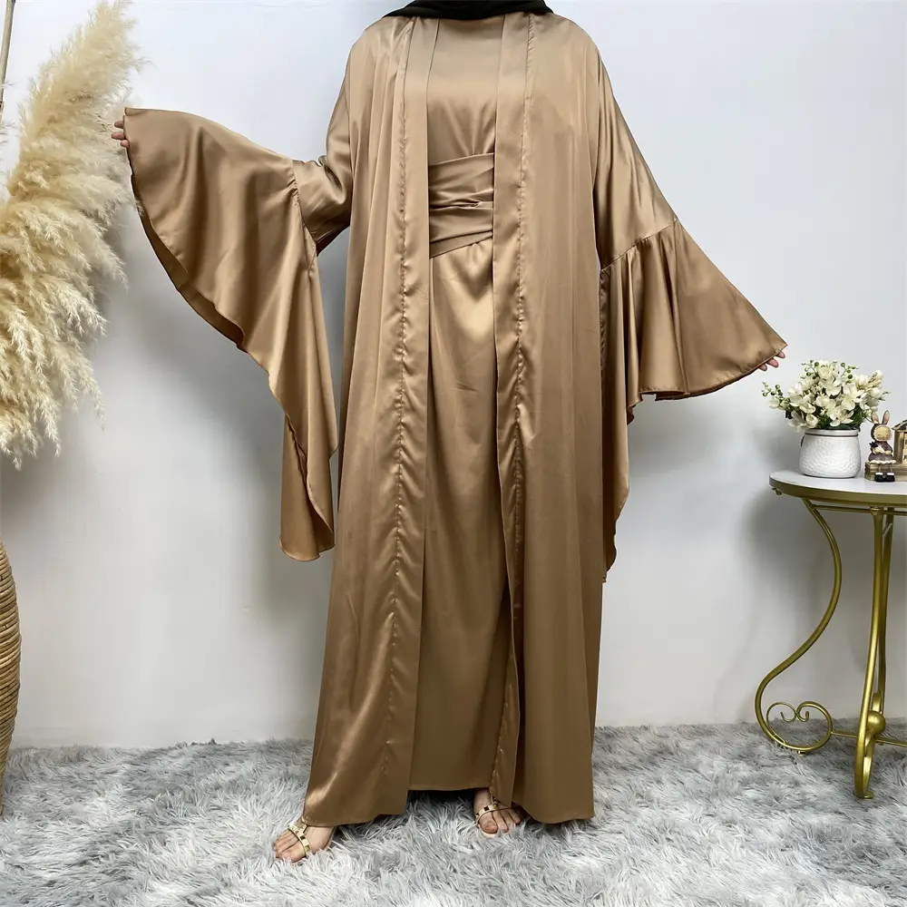 Chất Lượng Cao Thanh Lịch Hai Mảnh Satin Phù Hợp Với Dài Tay Áo Ăn Mặc Cộng Với Mở Abaya Phù Hợp Với Dubai Hồi Giáo Phụ Nữ Hồi Giáo Quần Áo