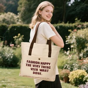 Sac fourre-tout en toile crème avec poche avant, bouton-pression et impression de slogan pour étudiants, courses quotidiennes et travail - Product Image 5