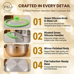 <span class=keywords><strong>Set</strong></span> di <span class=keywords><strong>Pentole</strong></span> Arc con Manico in Silicone, 5 Pezzi, Coperchio in Vetro Temperato 410 Lucidato a Specchio per Cucina Indiana e del Sud Asia - Product Image 5