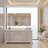 Meuble-lavabo autoportant classique de luxe en bois massif blanc, avec poignées dorées et plateau en marbre, idéal pour hôtels et villas – Vente directe usine
