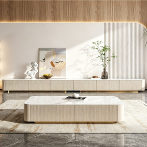 Set di Mobile TV e Tavolino da Caffè in Pietra Sinterizzata di Lusso Italiana, Mobile Moderno per Soggiorno con Design a Trama Verticale - Product Image 1
