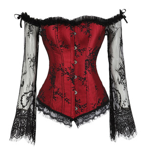 <span class=keywords><strong>Corsetto</strong></span> Gotico Vintage in Seta con Pizzo Intrecciato, Maniche Lunghe, <span class=keywords><strong>Spalle</strong></span> Scoperte, Design Overbust <span class=keywords><strong>per</strong></span> Feste, Bustier con Decorazioni Traforate - Product Image 2