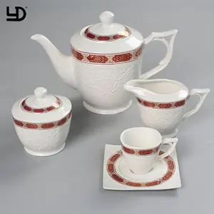 Ucuz seramik arapça kahve seti kraliyet beyaz porselen çaydanlık ve bardak tabağı seti
