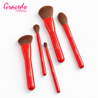 Set Kuas Makeup Profesional Merah Ramah Perjalanan untuk Kolaborasi Merek, 5 Buah Kuas Nilon Gagang Kayu untuk Wajah