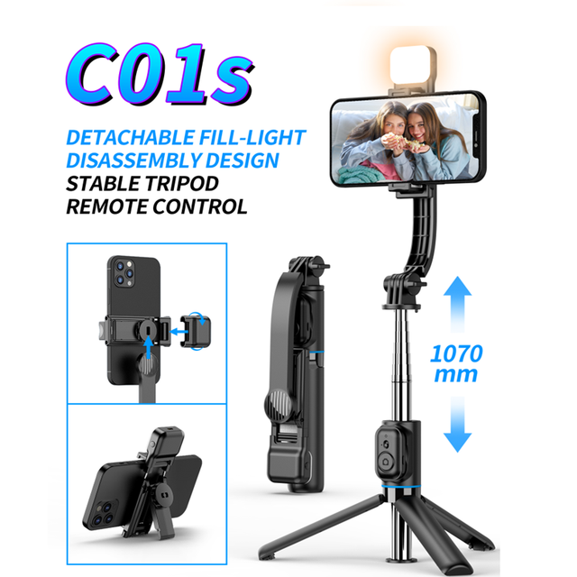 C01S Selfie Stick Tripod 1070mm with Fill Light Bluetooth Remote Control Mobile Phone Holder Removable Rotating