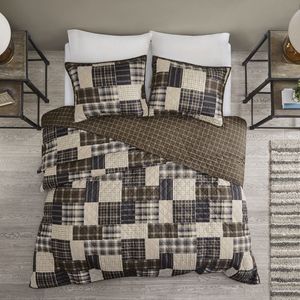 Ensemble de couette réversible 3 pièces, taille Queen, motif à carreaux, rembourrage en coton, literie patchwork pour usage hôtelier - Product Image 6