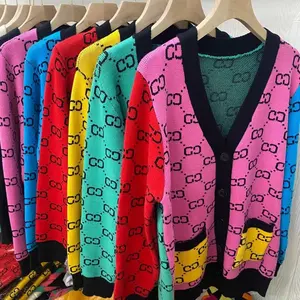 Day Model Casual Ladies' Knitted Cardigan Sweater Custom Knit V-Neck Jacket with Contrast Color Pattern Slim Winter Free