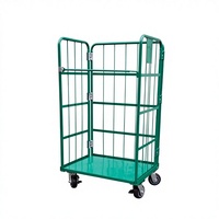 Chariot de manutention industriel à quatre roues en acier galvanisé, capacité de charge 100 kg, pliable et emboîtable, avec grille métallique verte