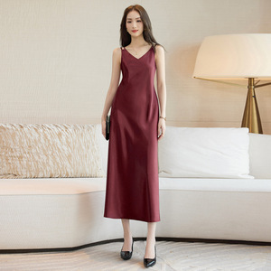 Satin Floral Print <b>Spaghetti</b> <b>Strap</b> Dress Women Summer Long Slim Fit Natural Waist Daily Casual Breathable - Product Image 2