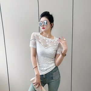 Hermosa camiseta <span class=keywords><strong>de</strong></span> encaje con hombros descubiertos y manga corta para <span class=keywords><strong>mujer</strong></span>, ajustada, adelgazante, sexy, <span class=keywords><strong>de</strong></span> malla hueca, para verano - Product Image 1