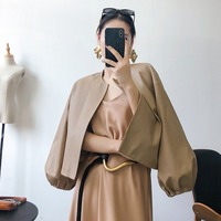 Veste chic en cuir véritable pour femme, coupe décontractée, épaules tombantes, manteau court, manches ballon, élégante, beige, vêtement d'extérieur tendance