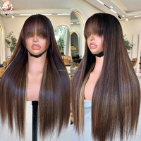 Perruque en cheveux humains vierges vietnamiens bruts, lisses et raides, avec frange, sans colle, prête à porter, avec closure en dentelle transparente